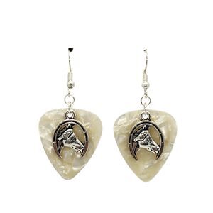 Horse on Horseshoe Charm on Guitar Pick Earrings - Choose Color - Handmade USA